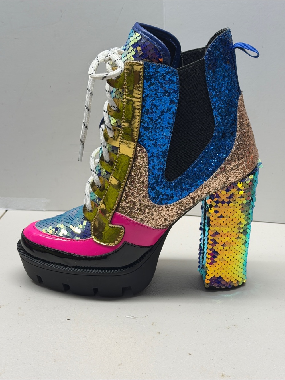 Cape Robbin Nell Chunky Boots Sequin Glitter Platform Pink Gold Sz 7.5 - Picture 2 of 6